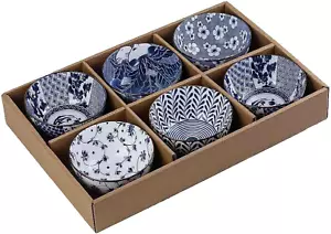 6 Pack Ceramic Bowls,Blue and White Japanese Ceramic Rice Bowls 10 Oz,Ideal f... - Picture 1 of 12