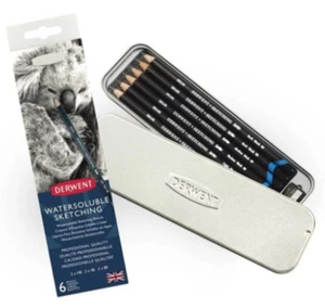 Derwent Watersoluble Sketching Pencils 6 Tin Set 2 x HB 2 x 4B 2 x 8B Sharpener - Picture 1 of 2