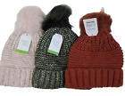 Time and Tru Women Ladies Beanie Knit Pompom Winter Hat Fur Lined Gift 3 Pack