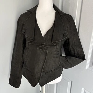 Cropped Asymmetrical Snap Front Jacket Ruffle Lapel Black Olive Utility - Picture 1 of 11