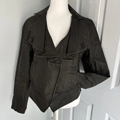 Cropped Asymmetrical Snap Front Jacket Ruffle Lapel Black Olive Utility - Image 1 of 4