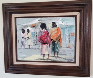 Original Leon Beluanzaran Gemälde Frauen auf dem Markt MCM Zihuatanejo Mexiko 23"x19 - Bild 1 von 15
