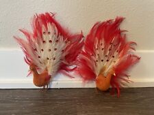 Vintage Flocked Peacock Feathered Ornaments Set Of 2 