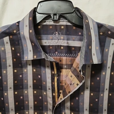 BUGATCHI UOMO Mens XL Shaped Fit Gray Brown Plaid Dress Shirt Button-Up Foto 1 de 4
