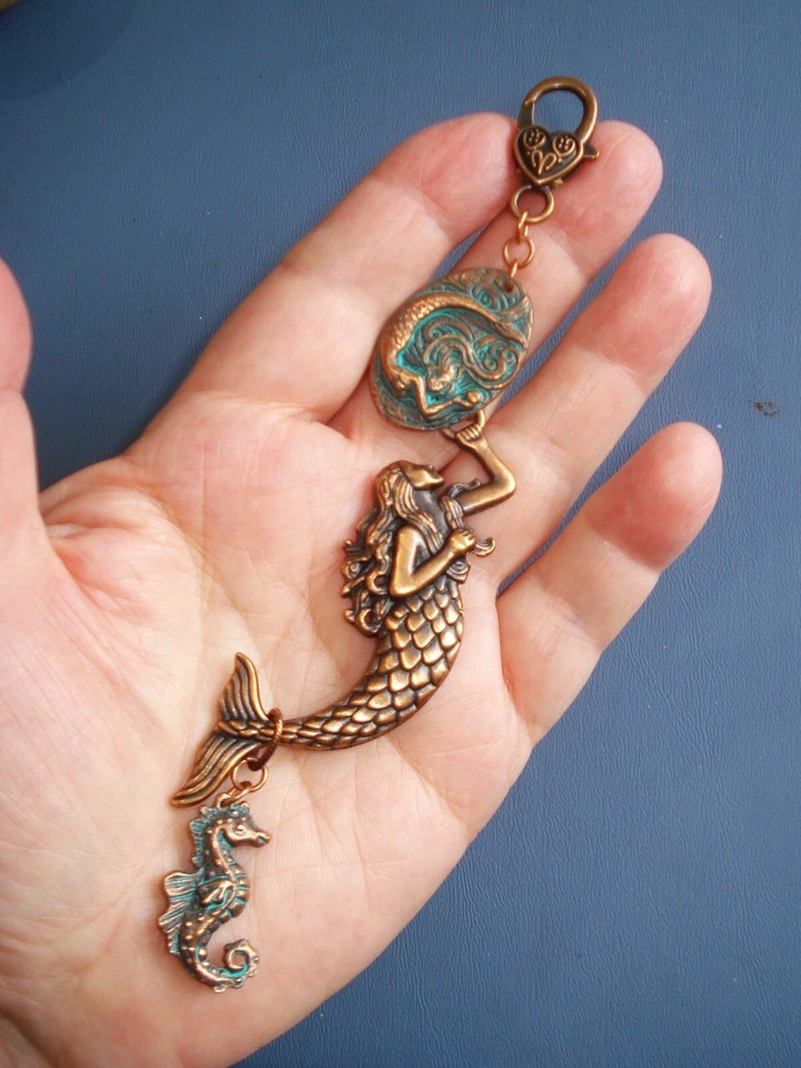 6" Drop Dangle Antiqued Copper Mermaid Seahorse Heart Clasp Key Ring Purse Glitz - Image 1 of 4
