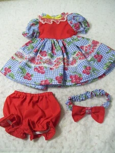 Cherries on blue plaid seersucker dress, panties, & headband--fits 15" dolls - Picture 1 of 3