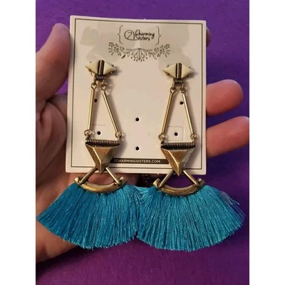 Long Dangle Bright Blue Tassel Fringe Chandelier Earrings Brass Tone Pierced - Image 1 of 4
