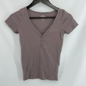 Hollister Rib Knit Henley TShirt V-Neck Mauve Pink Womens Small Short Sleeve Top - Picture 1 of 3