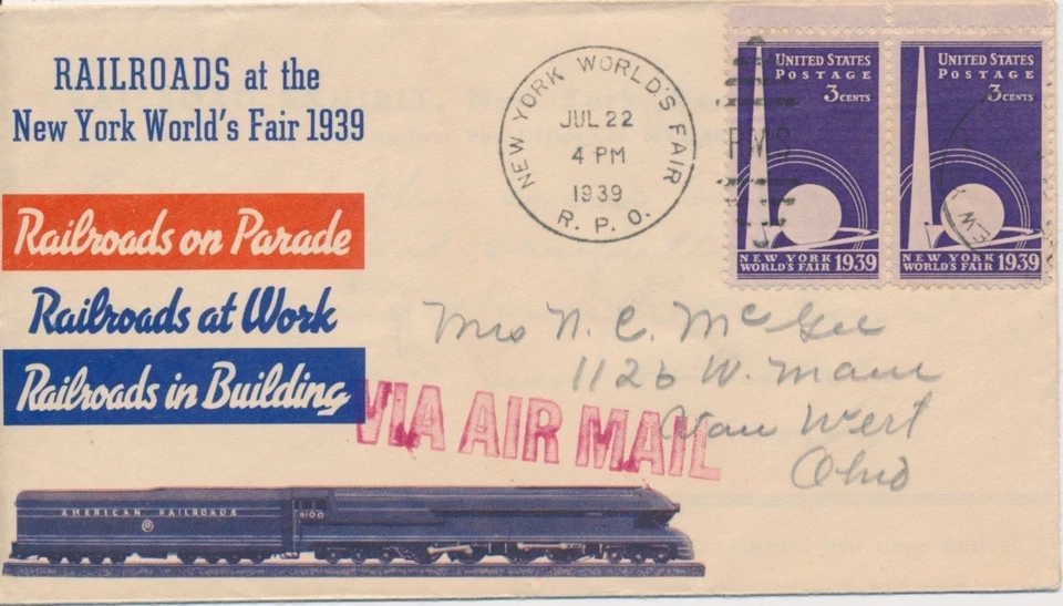 Railroads at the New York World's Fair 1939 NYWF RPO cancel event cover #853 - Image 1 of 1