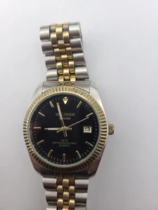 Waltham Watch Men Two Tone Silver Gold Diamond Accent Black Dial Working - Picture 1 of 13