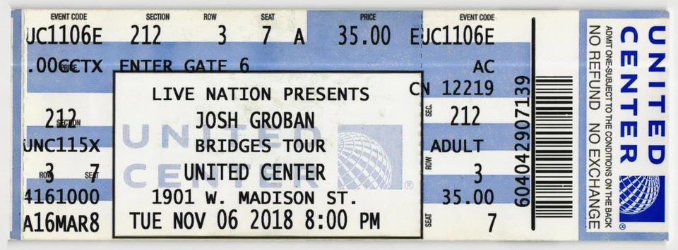 2018 Josh Groban Idina Menzel Full Complete Concert Ticket Stub Chicago IL - Image 1 of 1