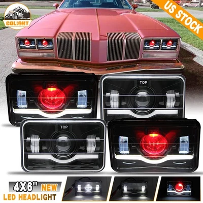4PC 4x6" 180W LED Headlights Hi/Lo Beam DRL RED HALO For 1976-1988 Cutlass Ciera - Image 1 of 4