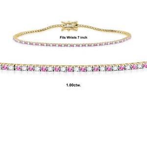 1Ct Lab Grown Diamond & Natural Pink Sapphire 14K Gold Tennis 8.5"inch Bracelet - Picture 1 of 7