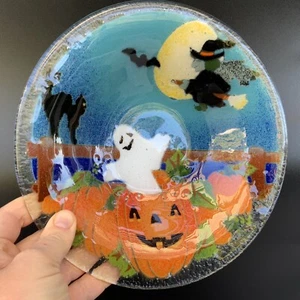 Peggy Karr 8.5" Signed Fused Glass Halloween Bowl Ghost Pumpkin Moon Cat Witch - Picture 1 of 22