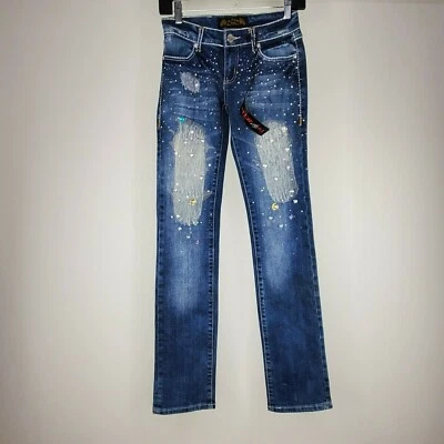 Pantalones de mezclilla Virgin Only de pierna recta talla 26x32 lavado medio adornados para jóvenes NUEVO Foto 1 de 4