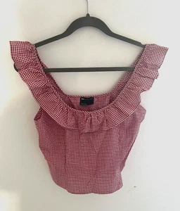 Asos Red Checked Bardot Cropped Blouse Size S UK 8-10 Frill Neck Line - Picture 1 of 5