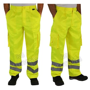 Men's Hi-Vis High Visibility Yellow Workwear Cargo Combat Trousers 30-48 - Picture 1 of 1