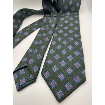 Corbata de seda Kiton Napoli verde azul naranja patrón geométrico para hombre Foto 1 de 3