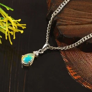 Silver Pendant, Natural Blue Opal Necklace,Handmade October Birthstone, 1159 - Picture 1 of 2