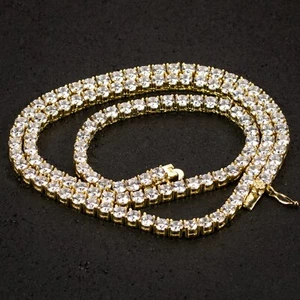 Classic Round Solitaire14K Gold Plated Iced 5A Cz 4mm Tennis Chain Necklace - Picture 1 of 6