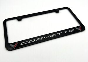Black License Plate Frame w/ 2 Chevy C8 Logos & "Corvette" Script Emblem