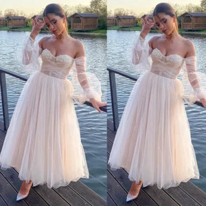 Beaded Wedding Dress Short Champagne Puffy Sleeve Tulle Tea Length Off-Shoulder - Picture 1 of 9