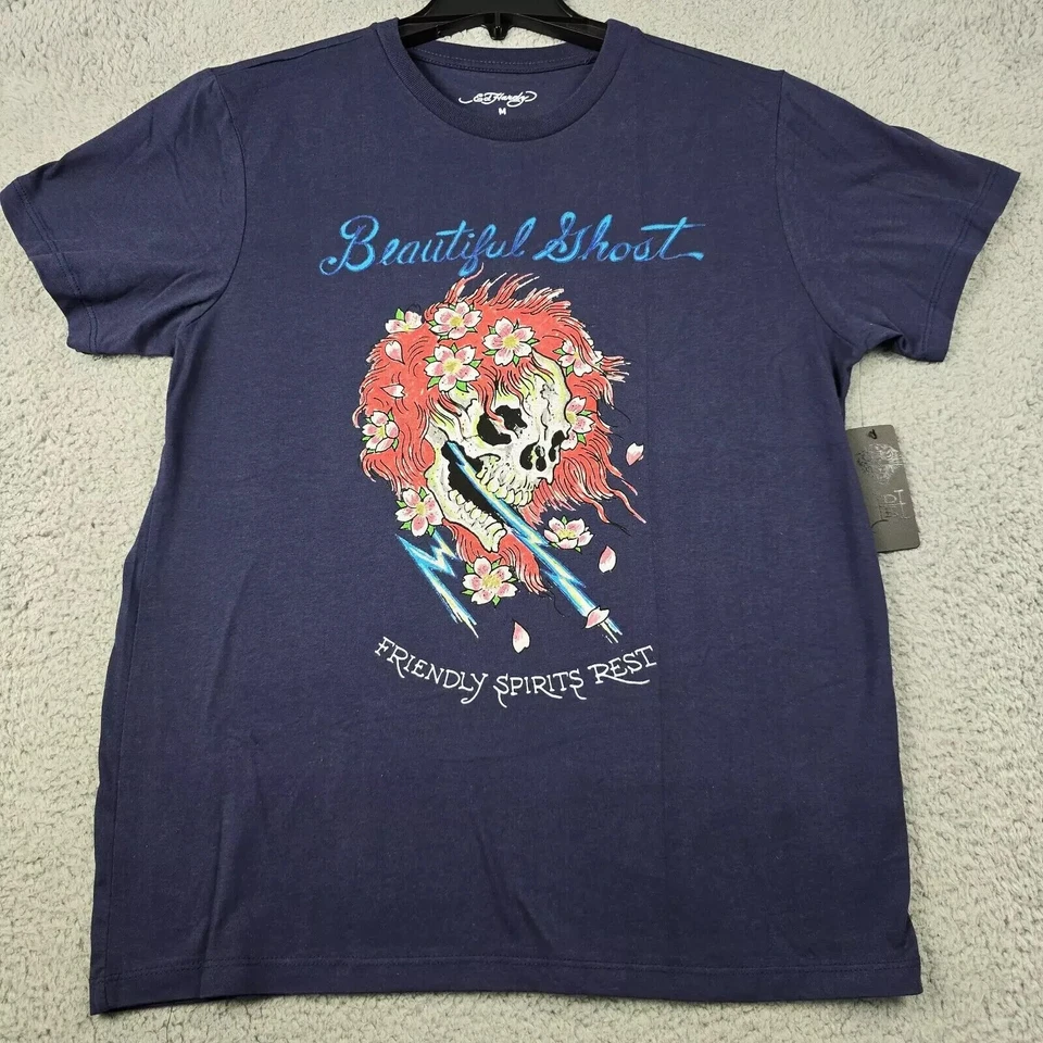 Ed Hardy Shirt Mens Medium Blue Beautiful Shoot Skull Floral Biker Tattoo NWT B Foto 1 de 4
