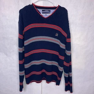 Tommy Hilfiger Men's Blue Striped Long Sleeve V-Neck 100% Cotton Sweater XXL - Picture 1 of 4