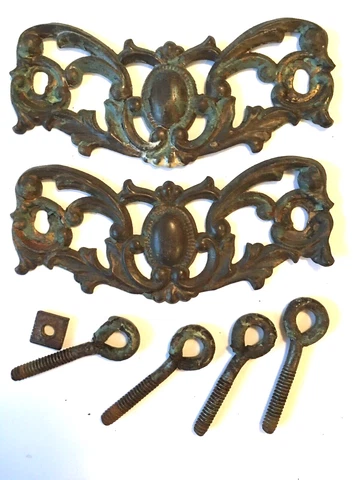 Set of 2 Antique Victorian Ornate Pressed Metal Drawer Handle Plates Trunk Decor Cover