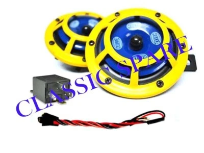 JUEGO DE CUERNO PANTERA AMARILLO HELLA ORIGINAL + RELÉ + ARNÉS UNIVERSAL Foto 1 de 2