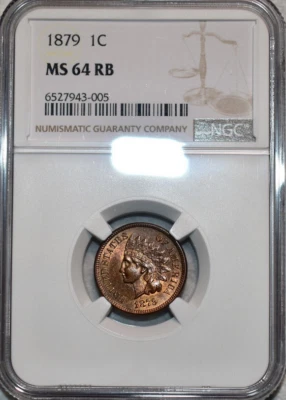 :1879 1C INDIAN PRINCESS CENT NEAR GEM NGC MS64RB MUCH RED RARITY R4 HIGH-GRADES - Image 1 of 2