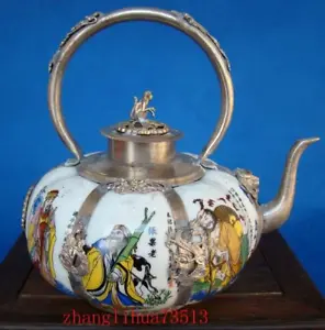 Collectible Handmade Silver & Porcelain Inlaid Teapot 8 God Deco Art - Picture 1 of 9