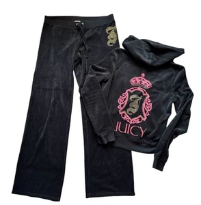 Juicy Couture VTG Track Set Pants Jacket Terry Bling Big Logo Y2K Black - Picture 1 of 9