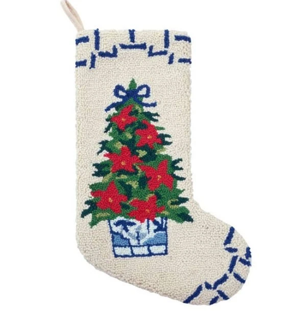 Blue Poinsettia Tree Chinoiserie Christmas Hooked Stocking- Wool 21" - Image 1 of 1