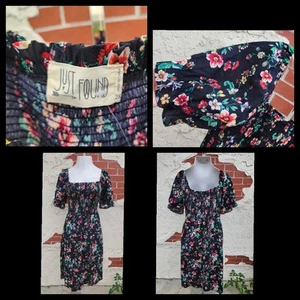2X women JUST FOUND black floral smocked midi dress short sleeve COTTON - Picture 1 of 17
