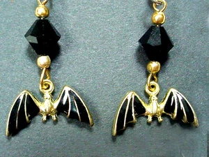 HANDMADE BAT EARRINGS ENAMEL WITH SWAROVSKI CRYSTAL BEADS GOTH BATS - Picture 1 of 3