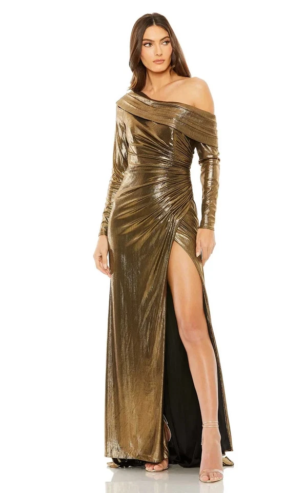 Vestido Mac Duggal Antiguo Dorado Manga Larga Fuera del Hombro Metálico Talla 16 $498 Foto 1 de 3