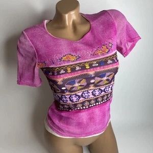 Y2K Semi Sheer Mesh Baby Tee XS Pink Graphic Festival Fairy Boho Double Layer - Picture 1 of 8