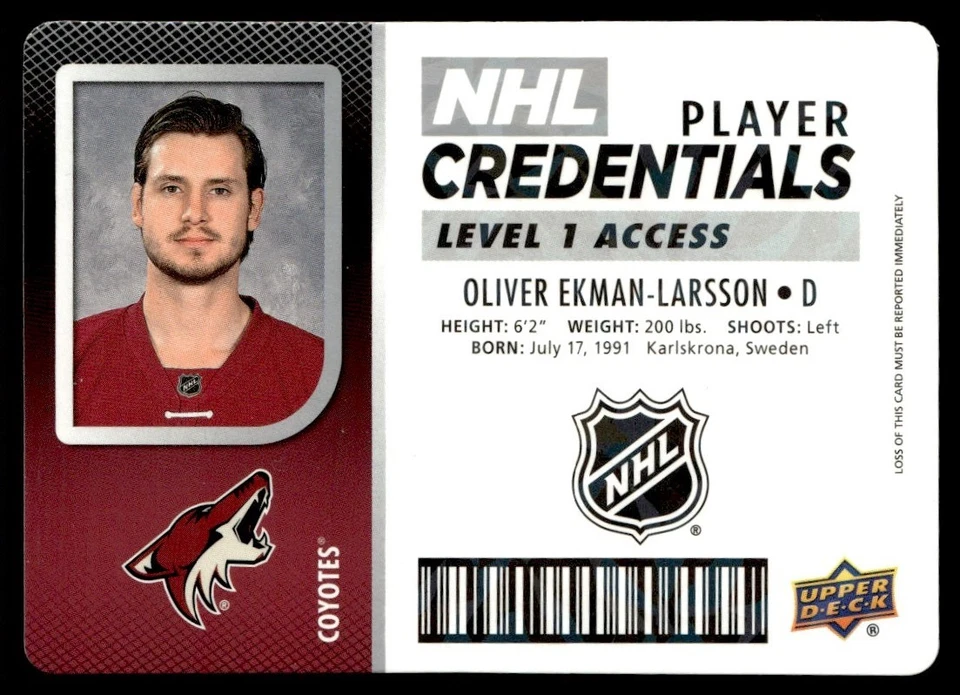 2017-18 Upper Deck MVP NHL Player Credentials Level Access Oliver Ekman-Larsson - Image 1 of 2