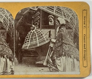 Victorian Comic Stereoview Card, Crinoline Hoop Skirt Streetcar Scene, Johnson - Picture 1 of 4