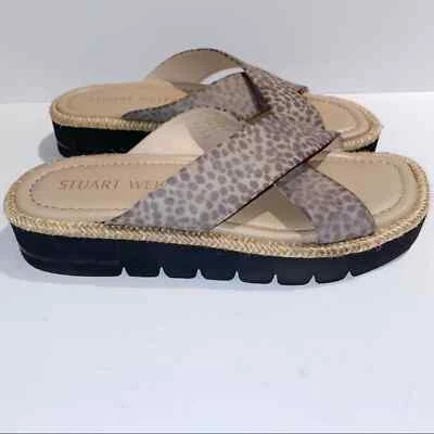 Stuart Weitzman Leopard Slides Sz 7 Rosa Lift Suede Sandals Comfy - Imagem 1 de 4