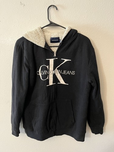 OFF WHITE Calvin Klein Felpa Pile con Cappuccio Full Zip Giacca Giovanile Nero Avorio Tg XL 18 20 Bambini