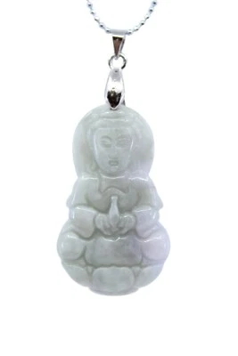 Jade Guanyin Buddha Necklace with 18" Ball Chain - Green, Lavender Natural Stone - Image 1 of 4