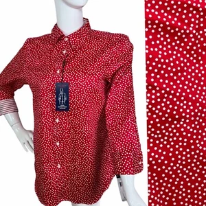 Ralph Lauren Chaps❤️NEW❤️LARGE NO IRON Red Polka Dot Stripe Contrast Cuff Blouse - Picture 1 of 16