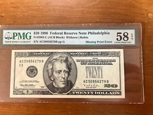1996 $20 F R Note Philadelphia PMG 58 EPQ Treasury Seal Missing Error - Picture 1 of 5