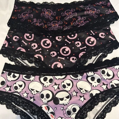 Morvia 3pk lace trim Skater goth Skater Emo panties2X Skulls Eyeballs Lilac New - Image 1 of 4