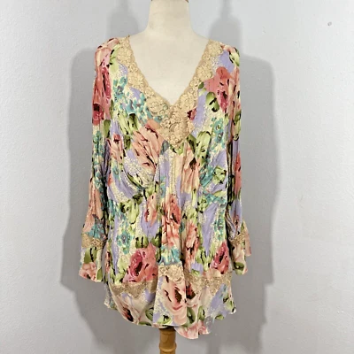 Allison Taylor Blouse Womens 3X Floral Crinkle Babydoll Bell Sleeve Lace Fairy - Image 1 of 4
