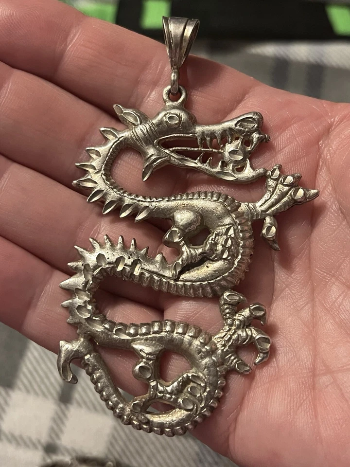 Colgante medieval de plata esterlina 925 dragón chino gota grande para hombre 3,5" 23 g Foto 1 de 4