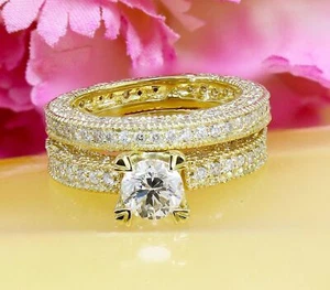 Stylish Bridal Set Ring 4ct Round Cut Lab-Created Moissanite Yellow Gold Plated - Picture 1 of 5