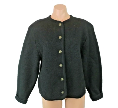 Button Front Cardigan Sweater Vintage M Black Tally Ho 100% Wool Fair Isle Ski - Image 1 of 4